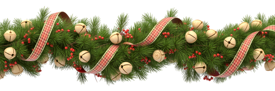Festive Christmas garland, pine branches, red berries, jingle bells, plaid ribbon, cozy holiday decor, winter celebration, elegant aesthetic background, traditional design