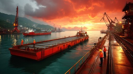 Sunset Over Industrial Port with Barge and Cranes, Workers in Safety Gear, Fiery Sky Reflections on Water