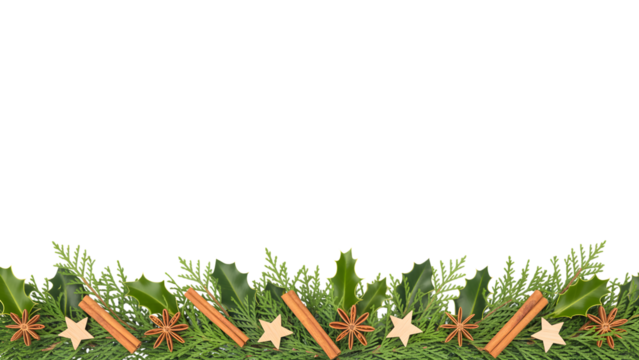 Elegant Christmas holiday border with green evergreen branches, holly, star anise, cinnamon sticks, wooden stars, cozy winter festive decor, aesthetic background, celebration.