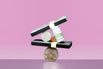 Stack of Cash and Coins Balancing. Budgeting, financial system concept