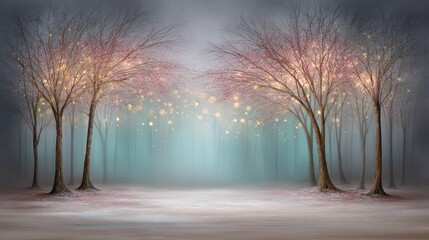 Obraz premium Ethereal Misty Forest with Glowing Lights and Delicate Blossoms in a Serene Landscape