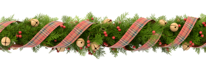 Vibrant festive Christmas garland banner, green evergreen foliage, red plaid ribbon, wooden jingle bells, bright red berries. Ideal holiday background, elegant decor, winter celebration, cozy aesth
