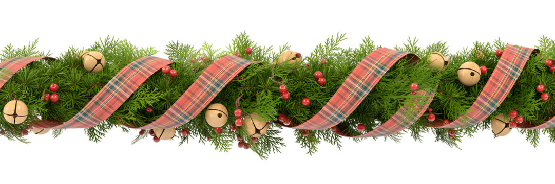 Vibrant festive Christmas garland banner, green evergreen foliage, red plaid ribbon, wooden jingle bells, bright red berries. Ideal holiday background, elegant decor, winter celebration, cozy aesth