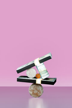 Stack of Cash and Coins Balancing. Budgeting, financial system concept