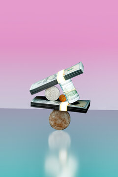 Stack of Cash and Coins Balancing. Budgeting, financial system concept