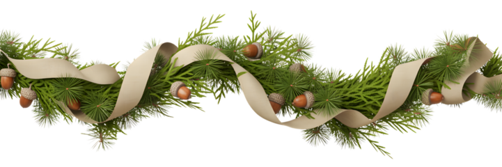 Elegant Christmas garland with green pine branches, acorns, beige ribbon, festive holiday decor, cozy winter background, natural aesthetic, celebration, perfect for winter and fall design.