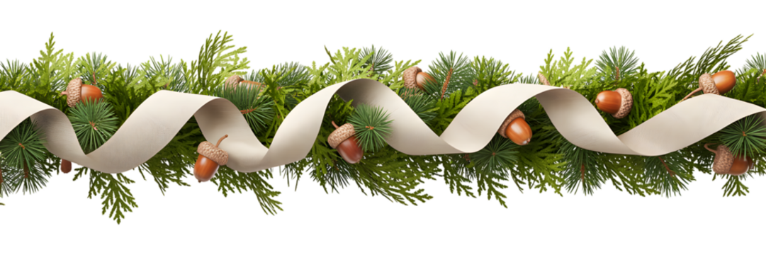 Elegant Christmas, holiday, festive border with green evergreen branches, pine, cedar, wavy ribbon, acorns. Natural winter decor, cozy background, seasonal banner, greeting card aesthetic.
