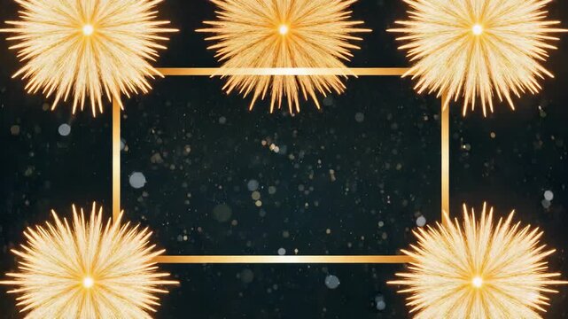 Golden fireworks sparklers frame with festive light background