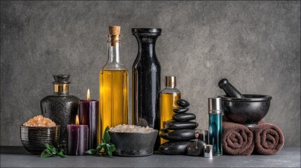Relaxation and Spa Essentials with Oils, Candles, Stones, and Towels for Tranquil Self-Care Experience