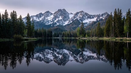 Scenic Snowy Mountain Peaks Reflected on Calm Lake Surrounded by Lush Green Trees Under Cloudy Sky at Twilight
