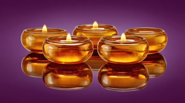 Elegant arrangement of glowing amber candles flickering softly against a vibrant purple background