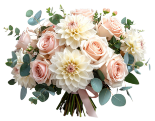 Elegant Bouquet of Blush and Ivory Roses with Dahlias on Transparent Background.