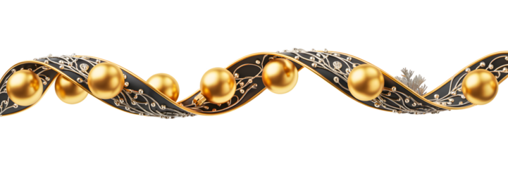 Luxurious Christmas border, golden ornaments, elegant black and silver ribbon with intricate floral decor, festive holiday celebration design, aesthetic winter background