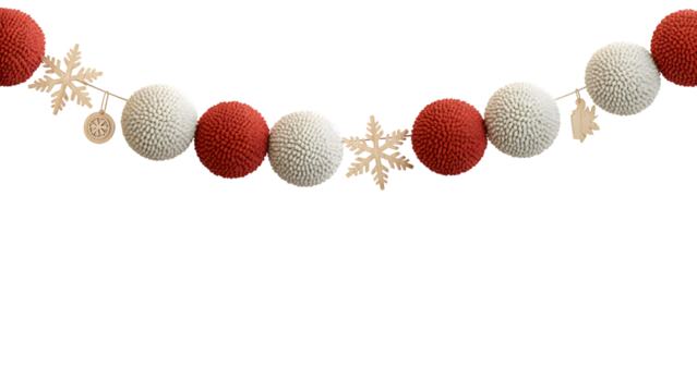 Festive Christmas holiday garland, red and white fuzzy balls, wooden snowflakes, cozy winter decor, elegant celebration background, aesthetic design