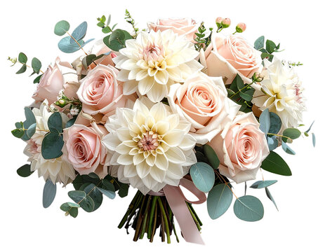  Elegant Bouquet of Blush and Ivory Roses with Dahlias on Transparent Background.