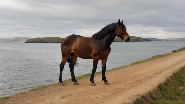 Brown steed standing on the dirt road by the water