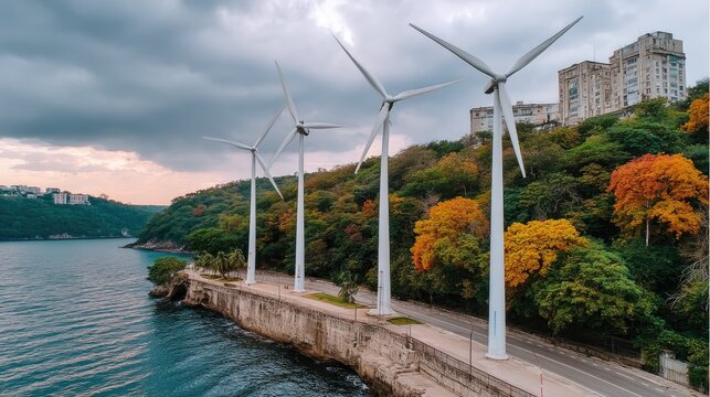 Wind Turbines by the Scenic Shoreline with Vibrant Autumn Colors and Urban Backdrop at Sunset - Powered by Adobe