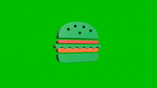 A vibrant green burger with orange layers depicted as a minimalist and stylized icon set against a bright green background representing fast food or a vegan meal concept.