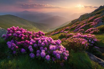 Obraz premium Scenic Mountain Vista with Blooming Pink Flowers and Golden Sunset Hues