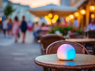 Vibrant glow lamp on outdoor restaurant table at dusk with blurred lively street scene in background