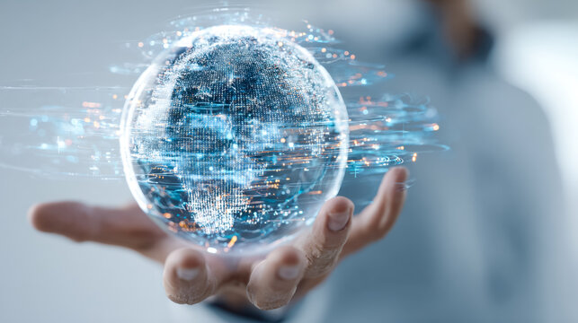 Futuristic digital globe with dynamic data streams in a human hand