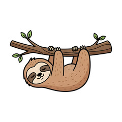 Naklejka premium Cute cartoon sloth hanging from a tree branch isolated on transparent background