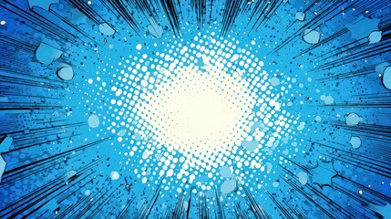 Abstract Digital Illustration of a Bursting Light in Blue Tones with Dot Matrix and Radial Lines