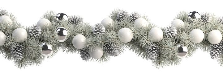 Elegant Christmas garland, festive white & silver decor, pine branches, cones, ornaments, cozy winter holiday background, celebration aesthetic, perfect for seasonal designs.