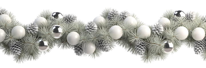 Elegant Christmas garland, festive white & silver decor, pine branches, cones, ornaments, cozy winter holiday background, celebration aesthetic, perfect for seasonal designs.