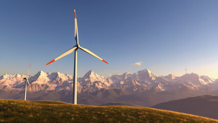 Wind Turbines Generating Clean Energy on Grassy Hillside with Snow-capped Mountains