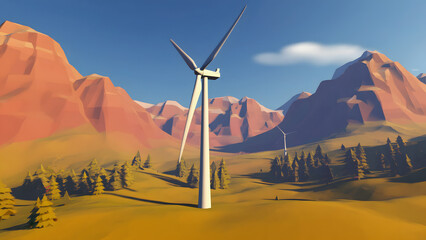 Wind Turbine Generating Clean Energy in Arid Mountain Landscape with Trees
