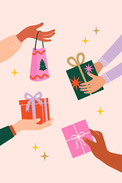 Hands exchanging colorful Christmas presents with festive sparkle