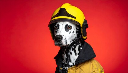A Dalmatian dog wears a yellow firefighter helmet and uniform against a vibrant red backdrop, looking serious