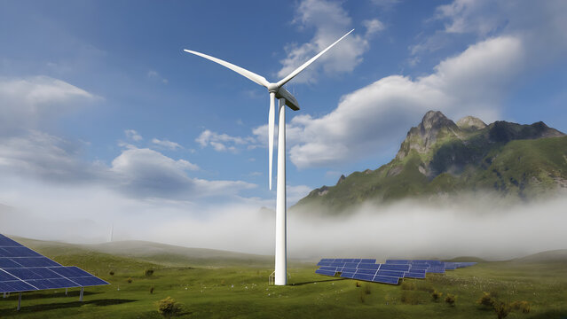 Wind Turbine and Solar Panels Generating Renewable Energy in a Mountain Landscape