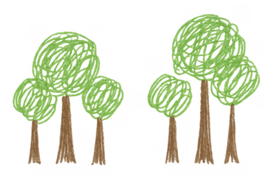 Green trees drawing with crayons, creating a child's kindergarten doodle art with transparent background