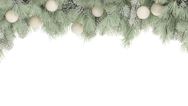 Elegant Christmas festive border, snowy pine branches, cream ornaments, cozy winter holiday background, seasonal celebration decor, aesthetic design, perfect for invitations, banners, and greeting 