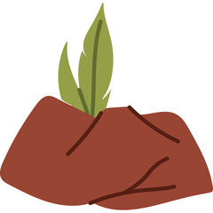 Cartoon illustration of a brown soil mound with a green leafy sprout emerging from the center on a transparent background