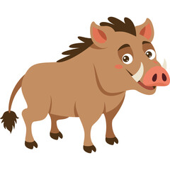 Cartoon illustration of a brown wild boar standing with a happy expression and large tusks on a transparent background
