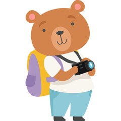 Cartoon illustration of a cute brown bear wearing a yellow backpack and holding a camera ready for an adventure with a transparent background