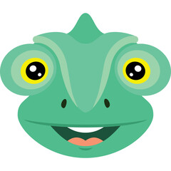Cartoon illustration of a happy green chameleon face with big yellow eyes and an open mouth set against a transparent background representing a friendly reptile character