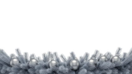Elegant Christmas winter border, silver ornaments, white fir branches, festive holiday decor, cozy celebration aesthetic, clean background design for seasonal projects.