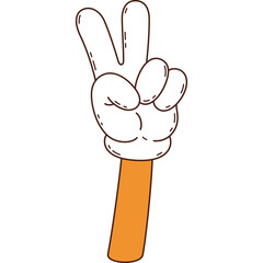 Cartoon hand with white glove showing victory peace sign with orange sleeve against transparent background graphic illustration