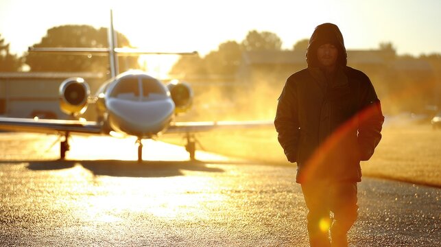 Man in Hoodie Walking Toward Private Jet on Foggy Morning with Glowing Sunrise in Background