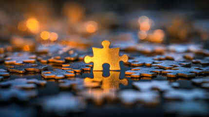 Illuminated golden puzzle piece standing out among scattered dark jigsaw parts with soft glowing reflections and blurred background lights creating a warm atmosphere
