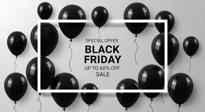 Black friday sale announcement with black balloons and confetti - Powered by Adobe
