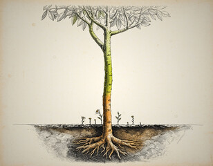 Vintage Scientific Illustration of Tree Trunk and Root System