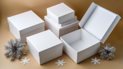 White Gift Boxes of Various Sizes on a Brown Background with Decorative Snowflakes and Pine Branches
