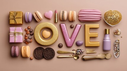 Colorful Sweets and Treats Arranged in Love Theme for Creative Projects and Celebrations