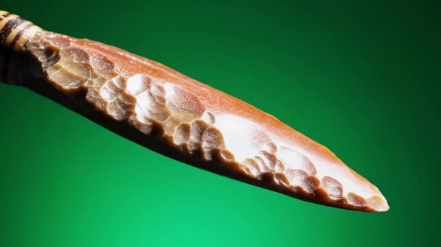 Close-up of a prehistoric flint arrowhead against a green background, with mottled textures