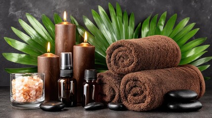 Relaxing Spa Setup with Candles, Essential Oils, Towels, and Natural Elements for Wellness and Tranquility